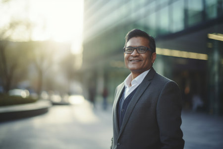 Mature smart indian businessman, smiling face, standing in blur background of modern office building. Generative AI AIG20.の素材