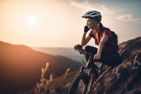 Active female cyclist riding bike on a mountain. Generative AI AIG18.の素材