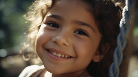 Close up smiling face, young hispanic girl playing on a swing, happiness, childhood, freedom, vitality, outdoor fun, carefree, sunlight. Generative AI AIG20.の素材