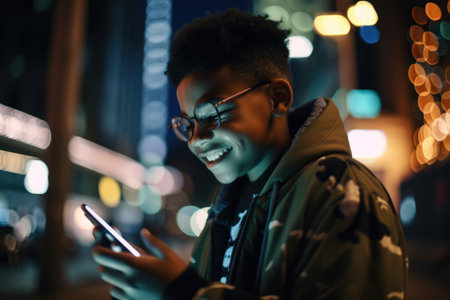 Low angle shot of a young african-american 10-year-old little boy trendy clothes using mobile phone with background of urban city street at night. Generative AI AIG18.の素材