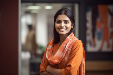 Young smart indian businesswoman, smiling face, standing in blur background of creative colorful office interior design. Generative AI AIG20.の素材