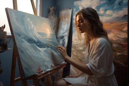 A woman artist sitting on a chair painting beautifully on canvas in the studio. Generative AI AIG21.の素材