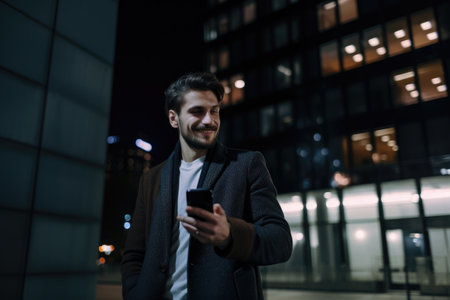 Wide angle shot of a young caucasian businessman executive using mobile phone with background of modern office buildings at night. Generative AI AIG18.の素材