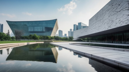 The exterior of a hall building reflected in a puddle with a backdrop of skyscrapers. Generative AI AIG21.の素材