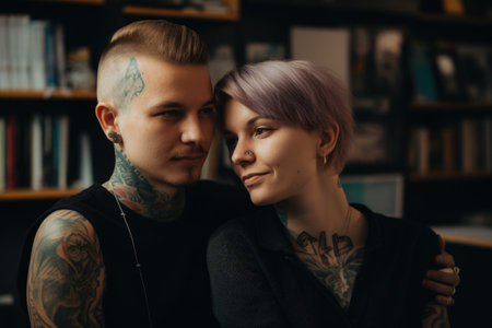 Happy young couple with tattoos and vivid colors short hair in an office. Generative AI AIG21.の素材