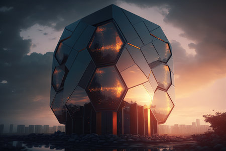 Ultra modern futuristic design of office building with hexagon shape pattern. distinct generative AI image.の素材