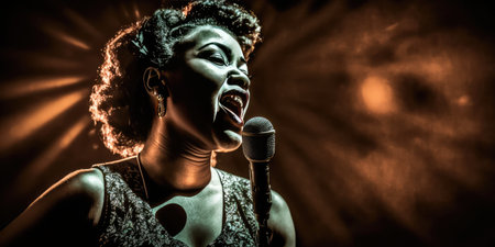 Woman singer singing jazz song in the nightclub in glamorous lighting. distinct generative AI image.の素材