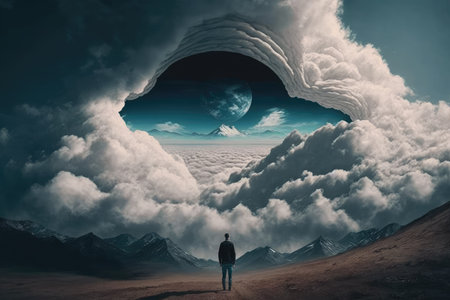 Dream and imagination through human vision eye sight into the cloud in sky. distinct generative AI image.の素材