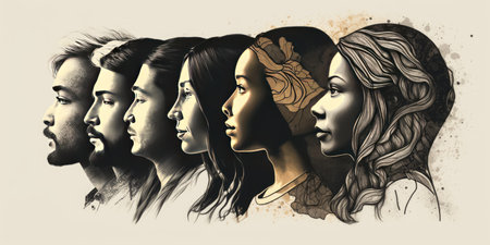 Face portrait of diverse people together looking straight. Multiracial concept. distinct generative AI image.の素材