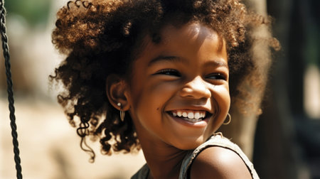Close up smiling face, young african american girl playing on a swing, happiness, childhood, freedom, vitality, outdoor fun, carefree, sunlight. Generative AI AIG20.の素材