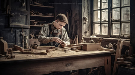 Young man working in furniture workshop with wood planer with determination. Generative AI AIG21.の素材