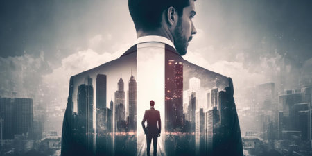 Double exposure image of business man standing back view with cityscape. superlative generative AI image.の素材