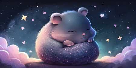A cute and adorable mouse is sleeping under night sky between stars pillow. Generative AI AIG16.の素材