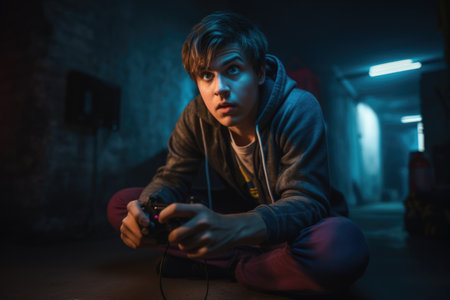 Male Caucasian teenager playing video games basement dark. Generative AI AIG23.の素材