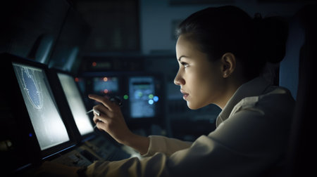Aerospace Engineer Young Female Caucasian monitoring the screen. Generative AI AIG22.の素材