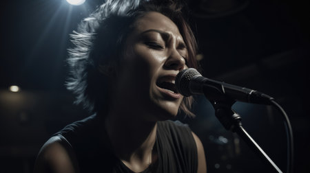Rock Singer Female Hispanic Middle-Aged Performing live music for an audience, singing rock songs in Rock concert. Generative AI AIG22.の素材