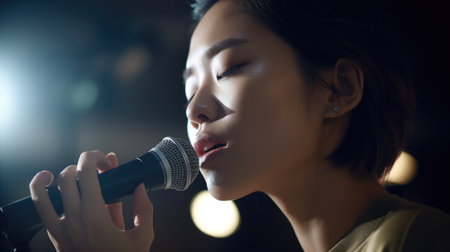 Pop Rock Singer Female Asian Young Adult Rehearsing and performing on stage, singing pop and rock songs in Rehearsal studio. Generative AI AIG22.の素材