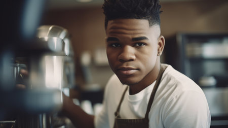 Barista Male African-American Young Adult Cleaning and stocking in coffee shop. Generative AI AIG22.の素材
