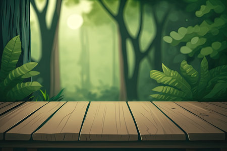 Wooden table background on a blur jungle forest flat. Generative AI AIG15.の素材