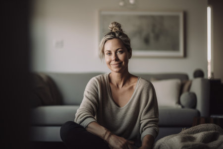 Female Caucasian middle aged doing yoga exercise in living room. Generative AI AIG23.の素材