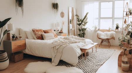Bedroom decor, home interior design . Bohemian Scandinavian style with Hanging Plant decorated with Natural Fibers and Wood material . Generative AI AIG26.の素材