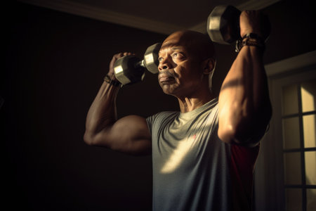 Male African American adult exercising with weights healthy. Generative AI AIG23.の素材