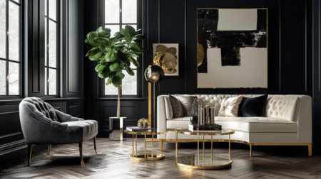 Living room decor, home interior design . Art Deco Contemporary style with Large Window decorated with Velvet and Marble material . Generative AI AIG26.の素材