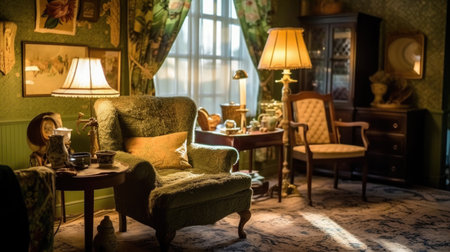 Bedroom decor, home interior design . Art Nouveau Vintage style with Wallpaper decorated with Wood and Brass material . Generative AI AIG26.の素材