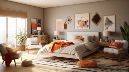 Bedroom decor, home interior design . Modern Bohemian style with Gallery Wall decorated with Concrete and Textiles material . Generative AI AIG26.の素材