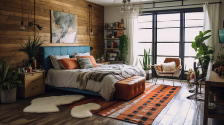Bedroom decor, home interior design . Mid-Century Modern Industrial style with Accent Wall decorated with Wood and Metal material . Generative AI AIG26.の素材