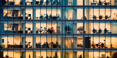 Outside view of office building many window with business people working inside. Generative AI AIG18.の素材