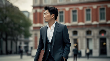 Asian businessman walking on european city street. Generative AI AIG20.の素材