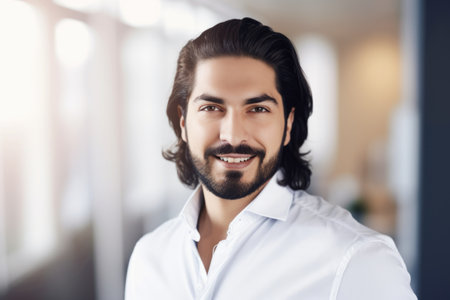 In bright modern office, a 35 years old handsome businessman with large smile. Generative AI AIG18.の素材