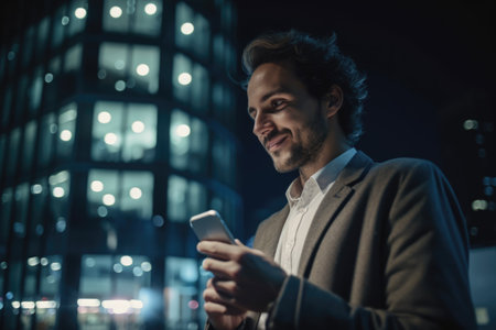 a young caucasian businessman executive using mobile phone with background of modern office buildings at night Generative AI AIG18.の素材