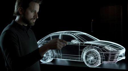 A man holding an animated model of an automobile in the style of holographic. Generative AI AIG21.の素材