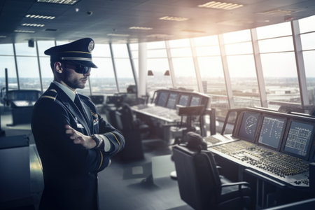 A male pilot in captains uniform in an indoor airport setting. Generative AI AIG21.の素材