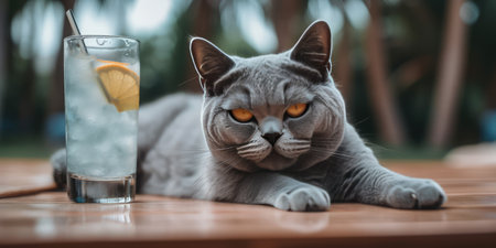 Cat is on summer vacation at seaside resort and relaxing rest on summer beach of Hawaii. distinct generative AI image.の素材