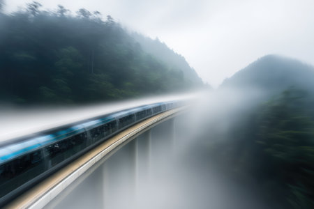 Scenic long exposure photo of futuristic train running through mountain. distinct generative AI image.の素材