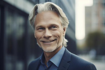 Mature smart swedish businessman, smiling face, standing in blur background of modern office building. Generative AI AIG20.の素材