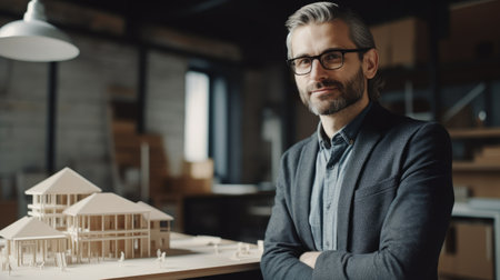 A male architect holding building model in office. Generative AI AIG21.の素材