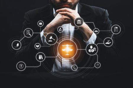 Smart law, legal advice icons and lawyer working tools in the lawyers office showing concept of digital law and online technology of astute law and regulations .の写真素材