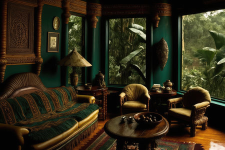 Elegant design of living room interior with window overlooking rainforest view. distinct generative AI image.の素材