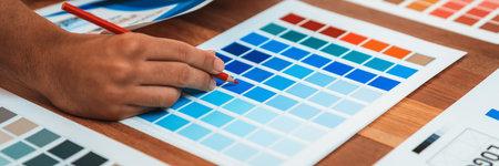 Graphic designer brainstorm icon and graphic art at busy creative studio workshop. Experiment and brainstorm color palette and pattern at workspace table for creative design. Panorama shot. Scrutinizeの写真素材