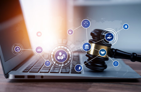 Smart law, legal advice icons and lawyer working tools in the lawyers office showing concept of...