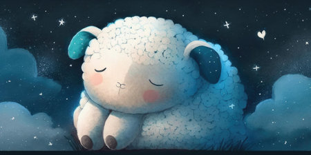 A cute and adorable lamb is sleeping under night sky between stars pillow. Generative AI AIG16.の素材
