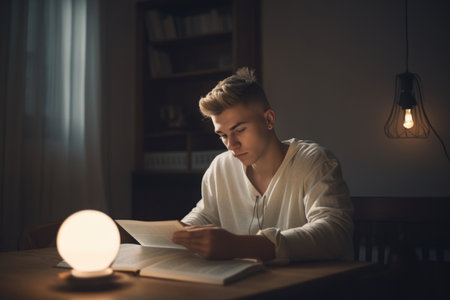 Male Hispanic young adult reading books in study room casual relaxing. Generative AI AIG23.の素材