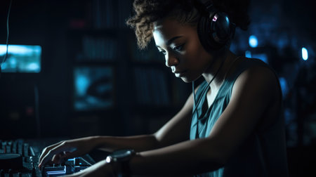 DJ Female African-American Young Adult Playing music at a nightclub or other event, using DJ equipment. Generative AI AIG22.の素材
