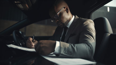 CEO Male African-American Mature Reviewing and signing legal documents in a parked car. Generative AI AIG22.の素材