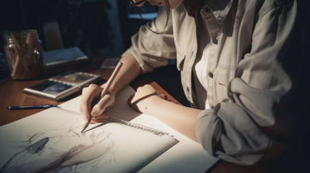 Creative Fashion Designer Female Asian Young Adult Sketching designs for the next fashion collection in Studio. Generative AI AIG22.の素材