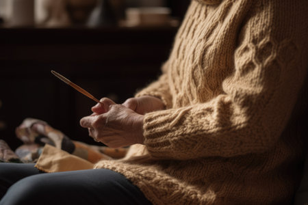 Female Caucasian elderly knitting cozy sweater warmth living room. Generative AI AIG23.の素材
